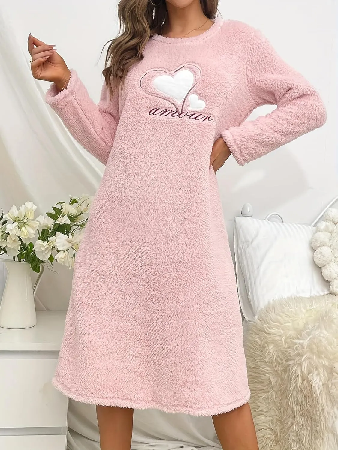 Eternatastic Women Long Sleeve Nightgown Fleece Dresses Thicken Plush Midi Dress Fuzzy Night Shirt Pullover Sweatshirt