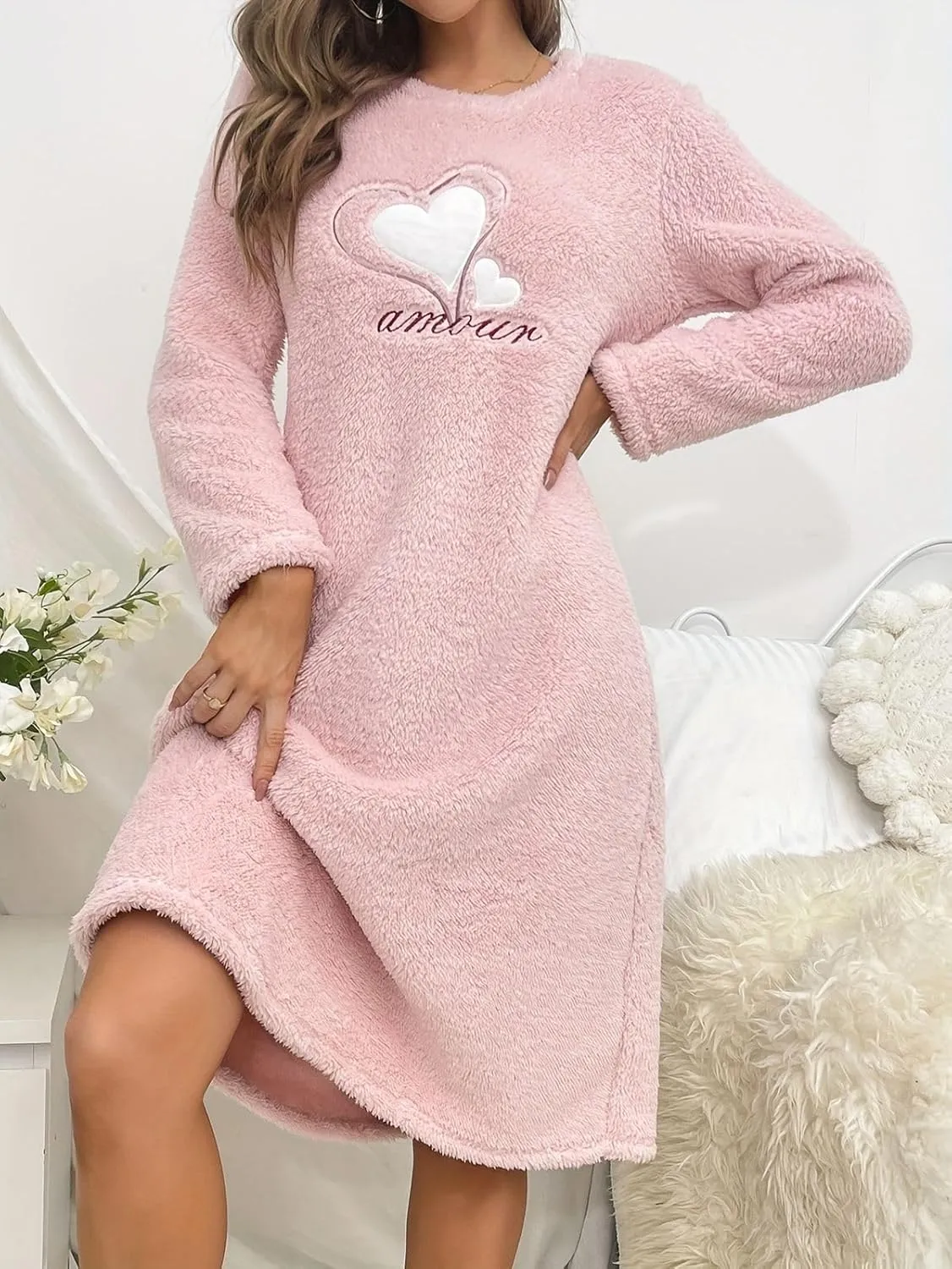 Eternatastic Women Long Sleeve Nightgown Fleece Dresses Thicken Plush Midi Dress Fuzzy Night Shirt Pullover Sweatshirt