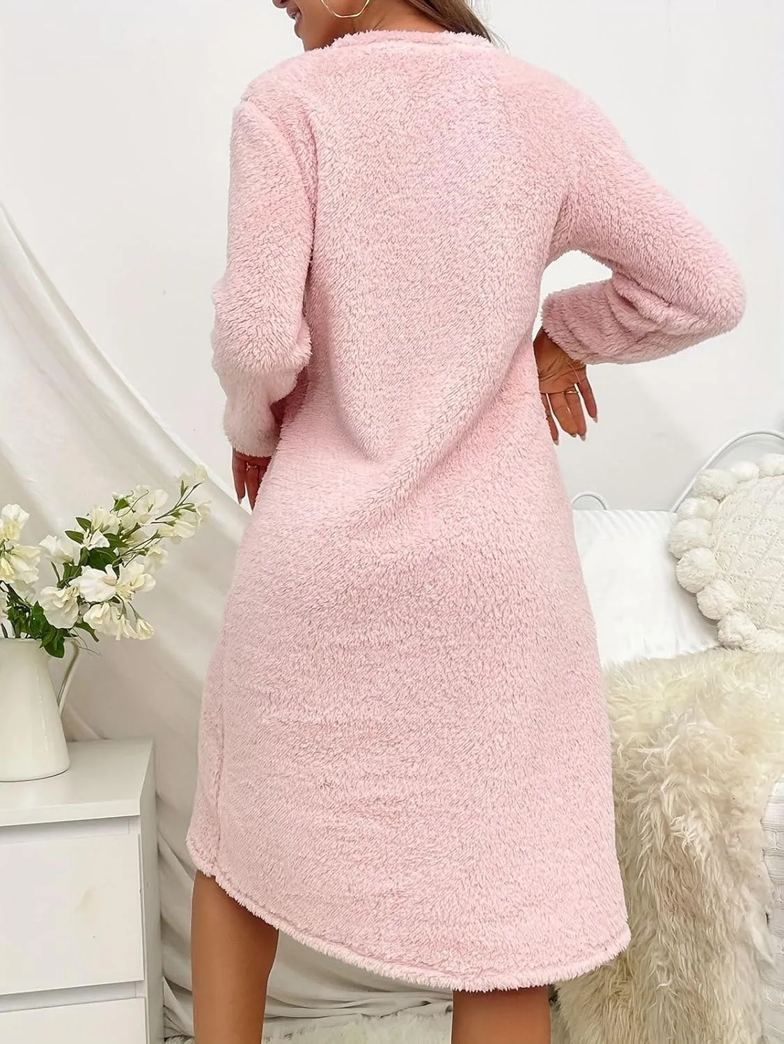 Eternatastic Women Long Sleeve Nightgown Fleece Dresses Thicken Plush Midi Dress Fuzzy Night Shirt Pullover Sweatshirt