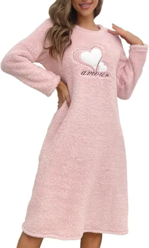 Eternatastic Women Long Sleeve Nightgown Fleece Dresses Thicken Plush Midi Dress Fuzzy Night Shirt Pullover Sweatshirt