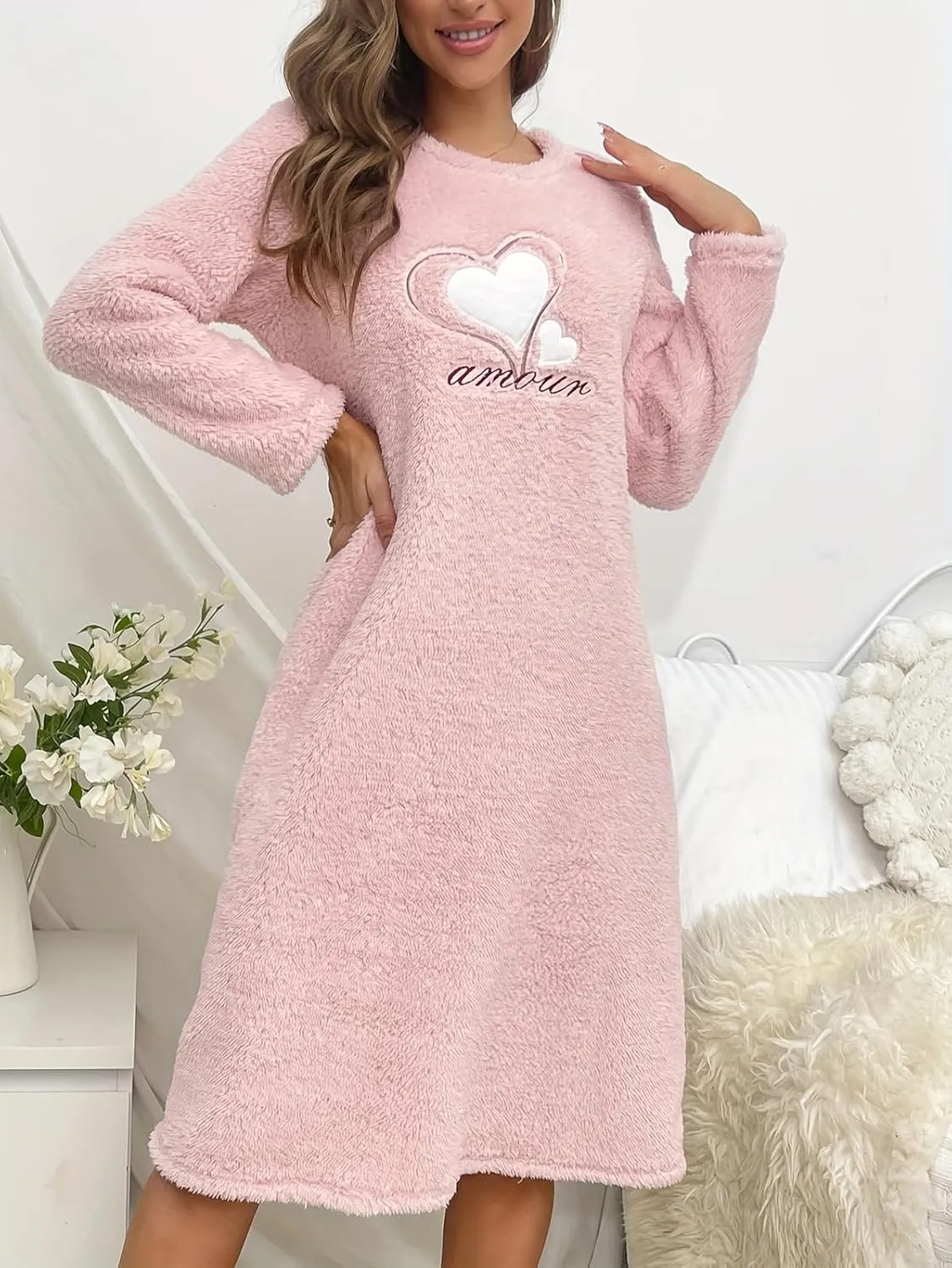 Eternatastic Women Long Sleeve Nightgown Fleece Dresses Thicken Plush Midi Dress Fuzzy Night Shirt Pullover Sweatshirt
