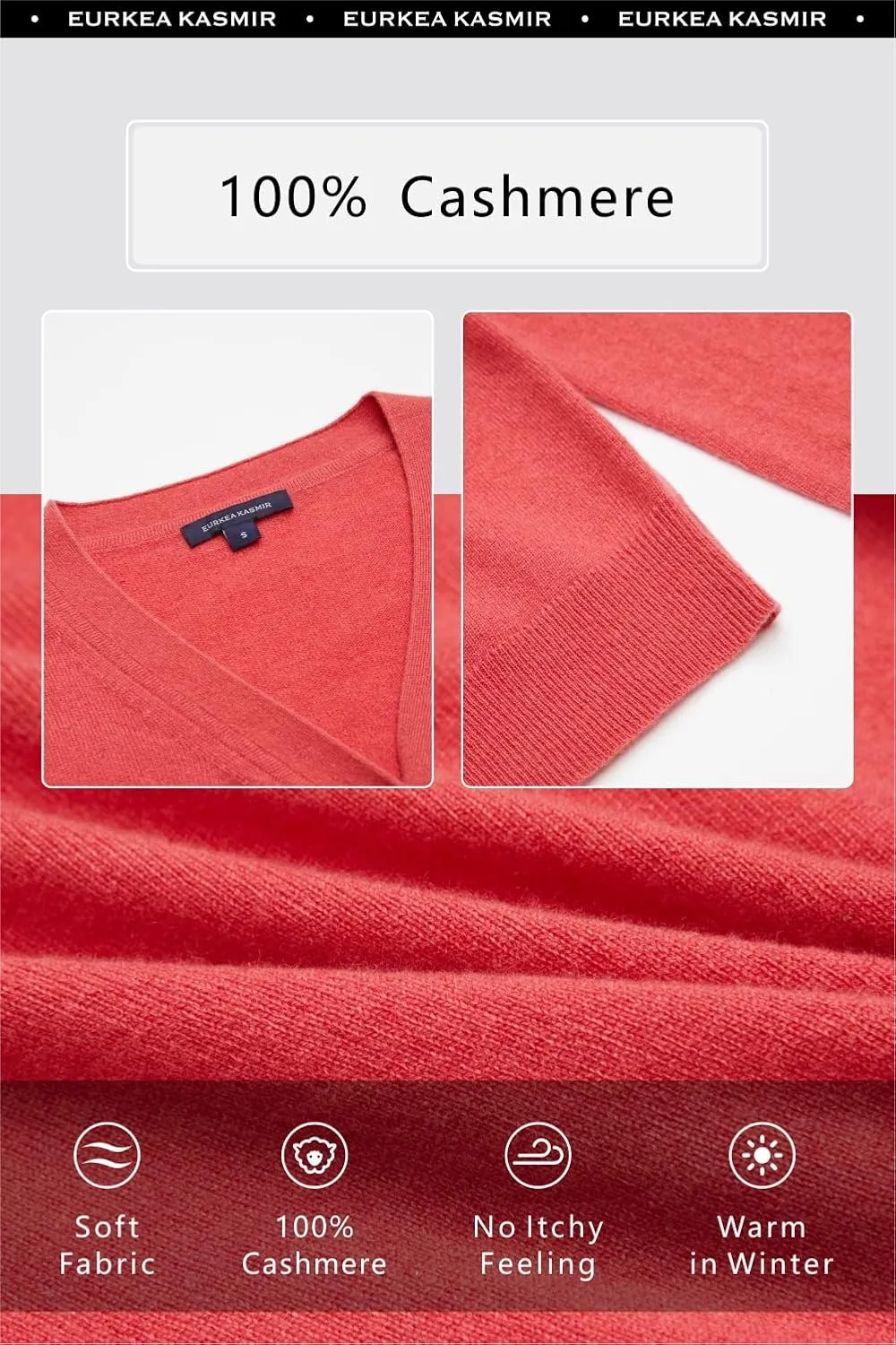 EURKEA Women's V Neck 100% Cashmere Cardigan Sweater, Pullover Winter Top for Women, Gifts Ready