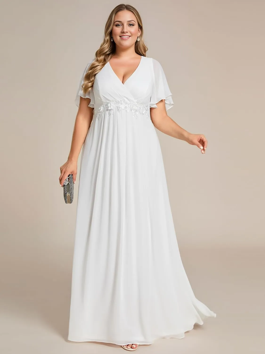 Ever-Pretty Plus Women's V Neck Ruffles Sleeves A Line Chiffon Applique Pleated Floor Length Plus Size Bridal Gowns