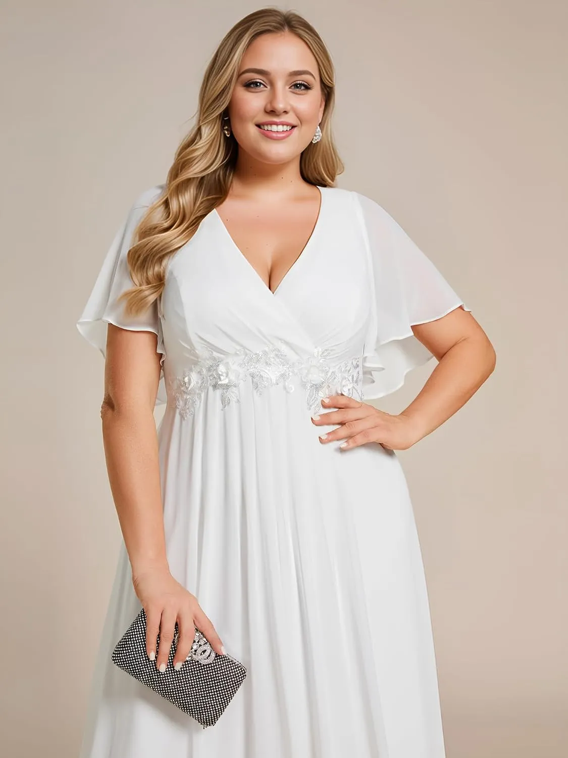 Ever-Pretty Plus Women's V Neck Ruffles Sleeves A Line Chiffon Applique Pleated Floor Length Plus Size Bridal Gowns
