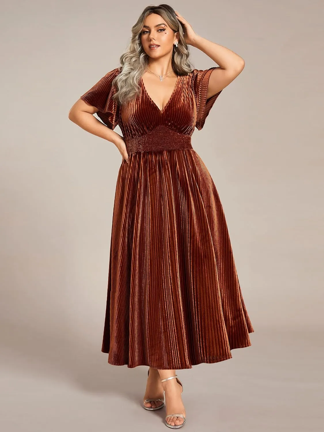 Ever-Pretty Women's Ruched V Neck Ruffed Sleeve Velvet Plus Size Fall Formal Wedding Guest Dress Cocktail Dress 01939-DA