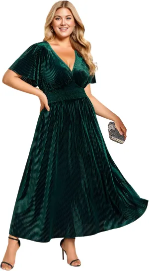Ever-Pretty Women's Ruched V Neck Ruffed Sleeve Velvet Plus Size Fall Formal Wedding Guest Dress Cocktail Dress 01939-DA