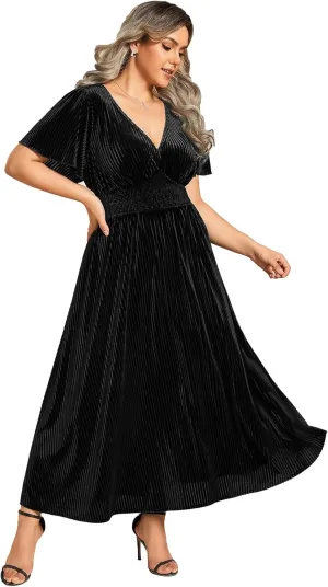 Ever-Pretty Women's Ruched V Neck Ruffed Sleeve Velvet Plus Size Fall Formal Wedding Guest Dress Cocktail Dress 01939-DA