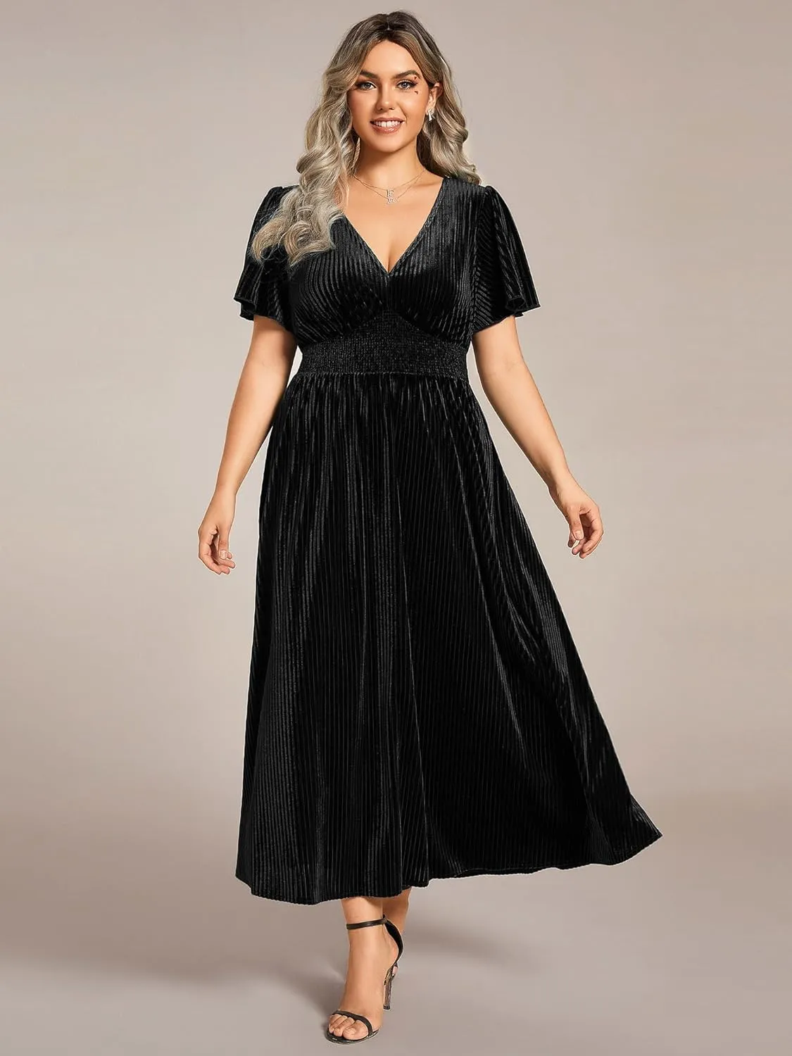Ever-Pretty Women's Ruched V Neck Ruffed Sleeve Velvet Plus Size Fall Formal Wedding Guest Dress Cocktail Dress 01939-DA