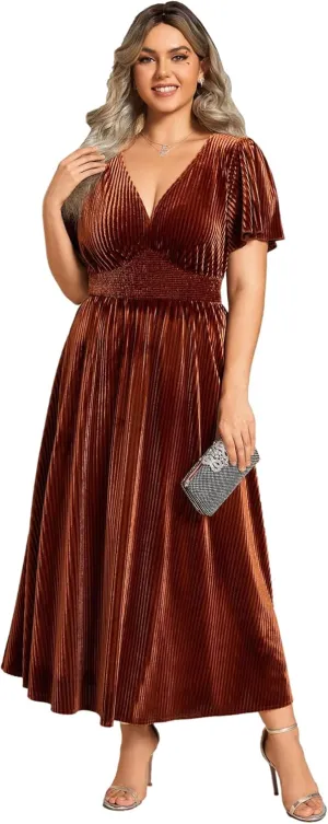 Ever-Pretty Women's Ruched V Neck Ruffed Sleeve Velvet Plus Size Fall Formal Wedding Guest Dress Cocktail Dress 01939-DA