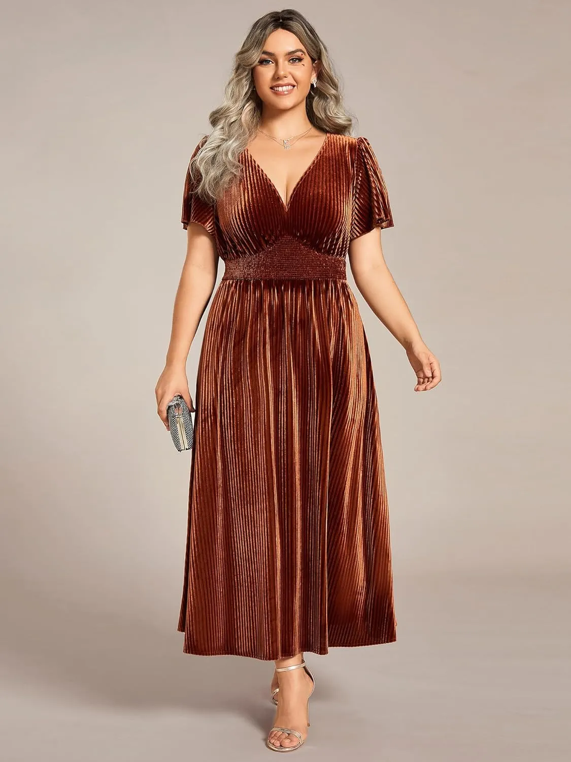 Ever-Pretty Women's Ruched V Neck Ruffed Sleeve Velvet Plus Size Fall Formal Wedding Guest Dress Cocktail Dress 01939-DA