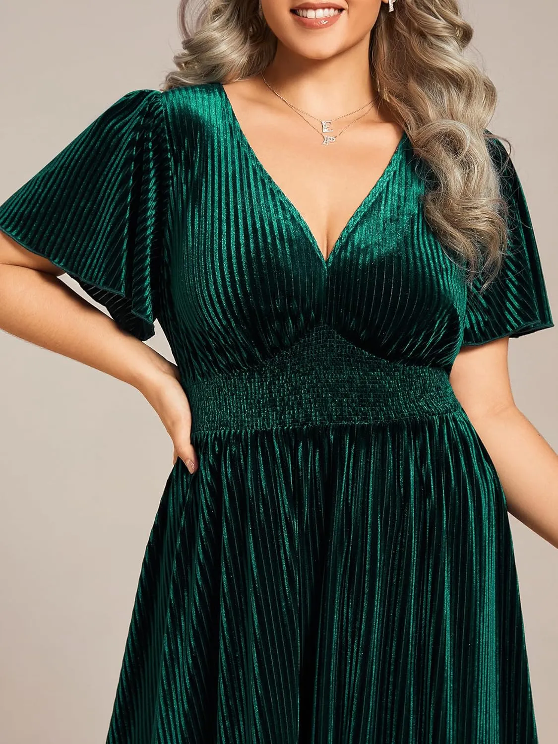 Ever-Pretty Women's Ruched V Neck Ruffed Sleeve Velvet Plus Size Fall Formal Wedding Guest Dress Cocktail Dress 01939-DA