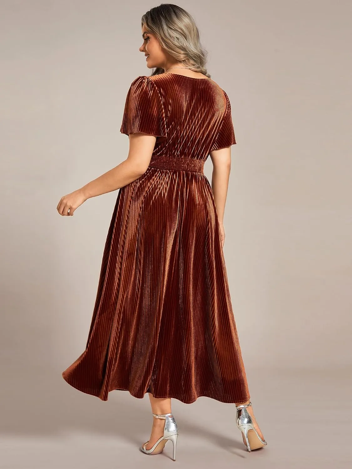 Ever-Pretty Women's Ruched V Neck Ruffed Sleeve Velvet Plus Size Fall Formal Wedding Guest Dress Cocktail Dress 01939-DA