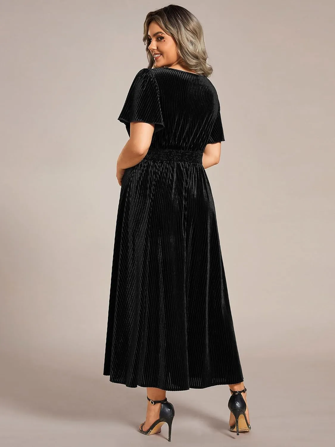 Ever-Pretty Women's Ruched V Neck Ruffed Sleeve Velvet Plus Size Fall Formal Wedding Guest Dress Cocktail Dress 01939-DA
