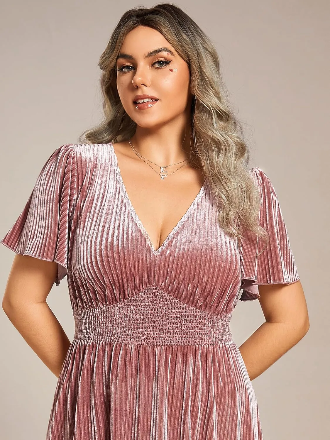 Ever-Pretty Women's Ruched V Neck Ruffed Sleeve Velvet Plus Size Fall Formal Wedding Guest Dress Cocktail Dress 01939-DA