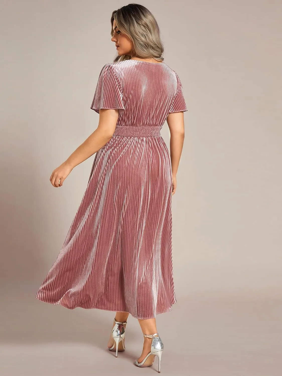 Ever-Pretty Women's Ruched V Neck Ruffed Sleeve Velvet Plus Size Fall Formal Wedding Guest Dress Cocktail Dress 01939-DA