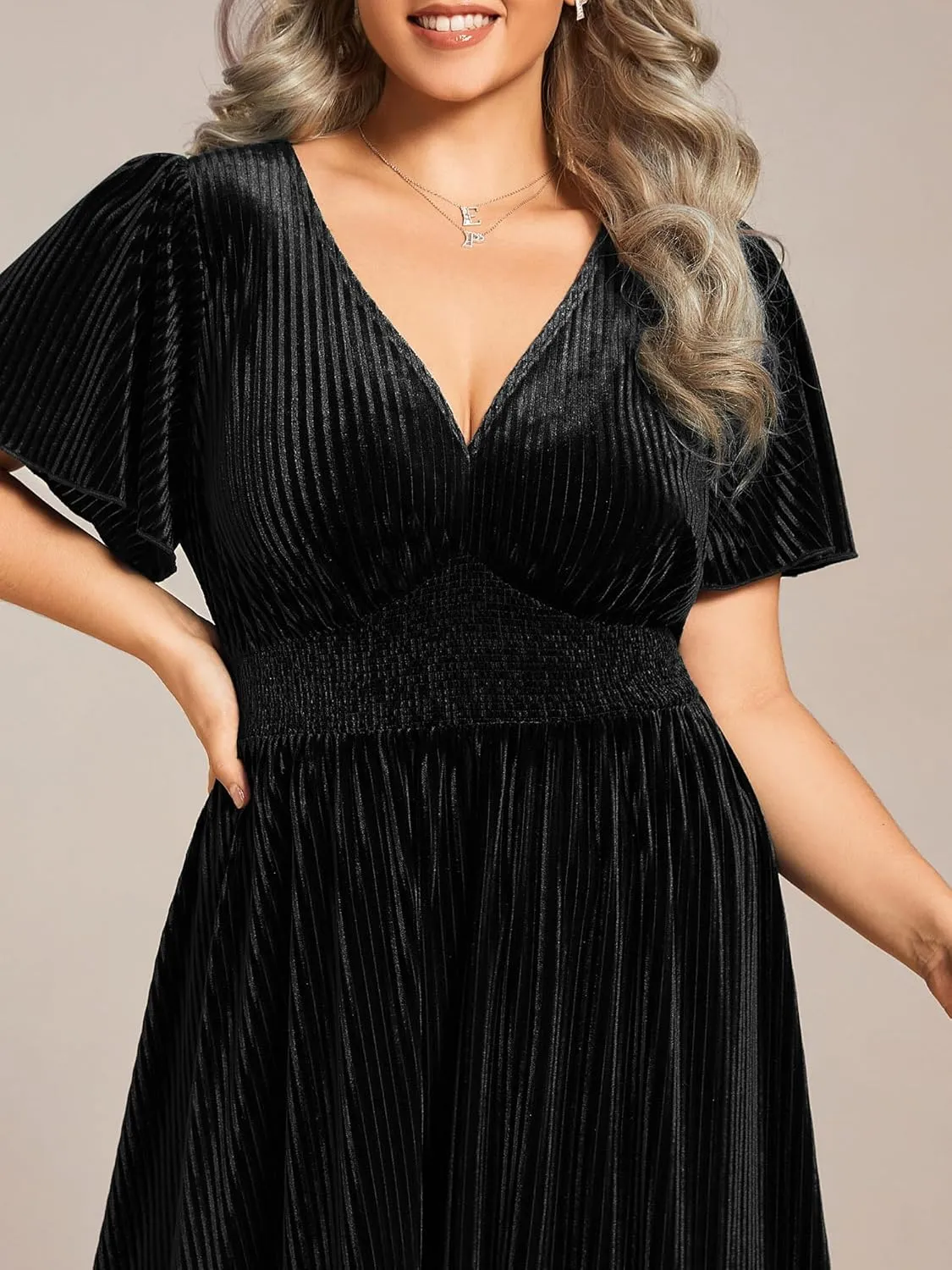 Ever-Pretty Women's Ruched V Neck Ruffed Sleeve Velvet Plus Size Fall Formal Wedding Guest Dress Cocktail Dress 01939-DA