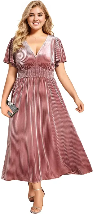 Ever-Pretty Women's Ruched V Neck Ruffed Sleeve Velvet Plus Size Fall Formal Wedding Guest Dress Cocktail Dress 01939-DA