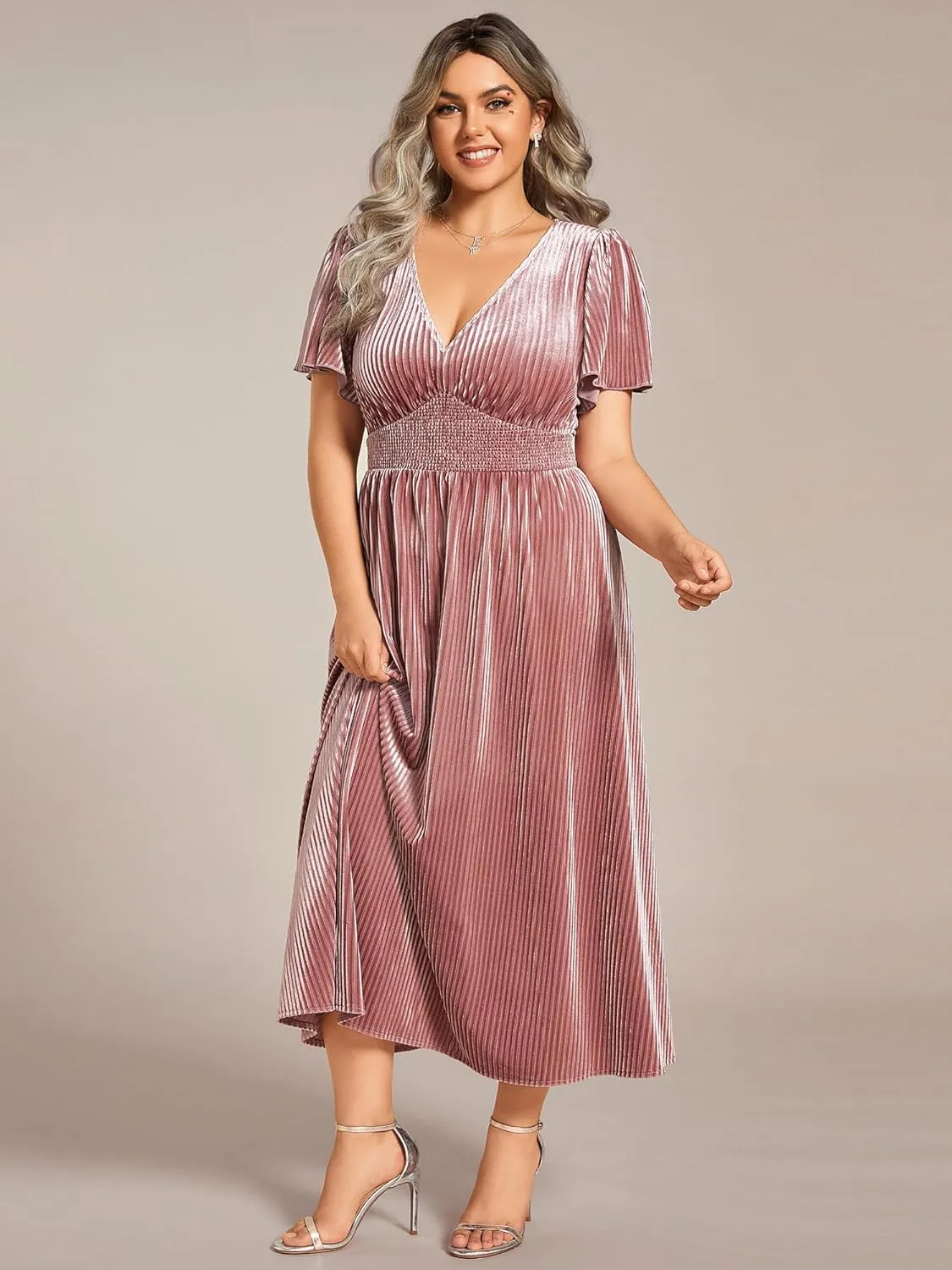 Ever-Pretty Women's Ruched V Neck Ruffed Sleeve Velvet Plus Size Fall Formal Wedding Guest Dress Cocktail Dress 01939-DA