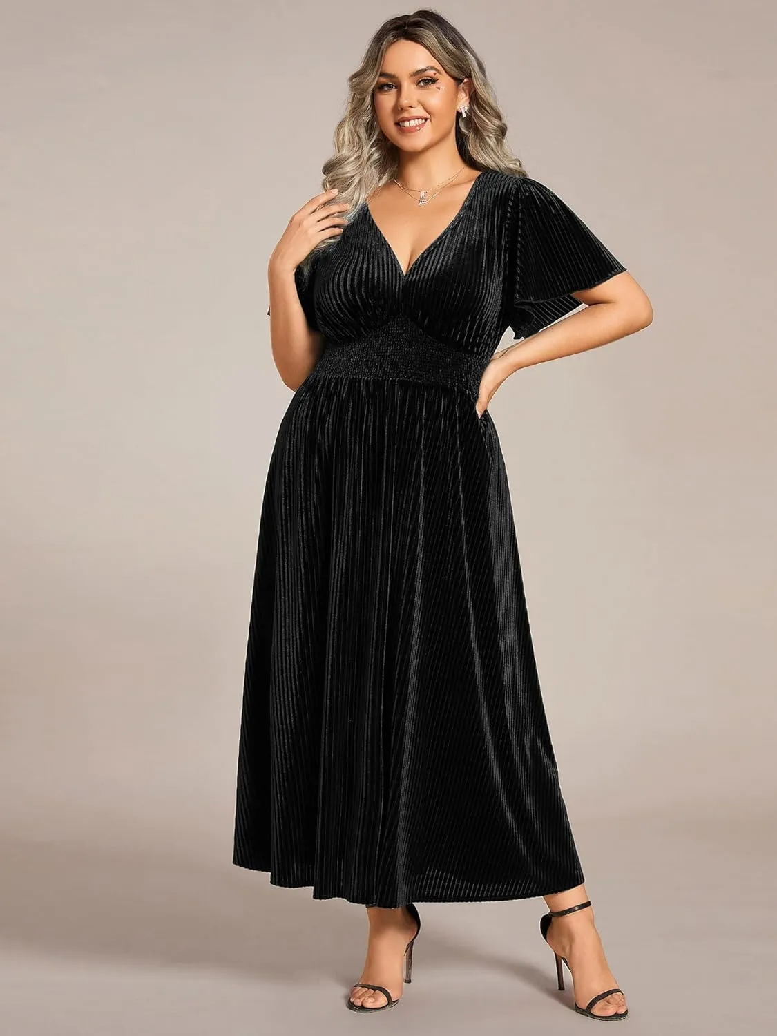 Ever-Pretty Women's Ruched V Neck Ruffed Sleeve Velvet Plus Size Fall Formal Wedding Guest Dress Cocktail Dress 01939-DA