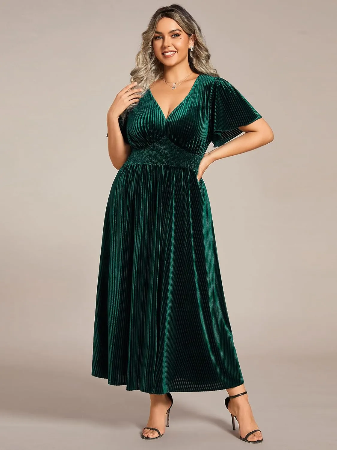 Ever-Pretty Women's Ruched V Neck Ruffed Sleeve Velvet Plus Size Fall Formal Wedding Guest Dress Cocktail Dress 01939-DA