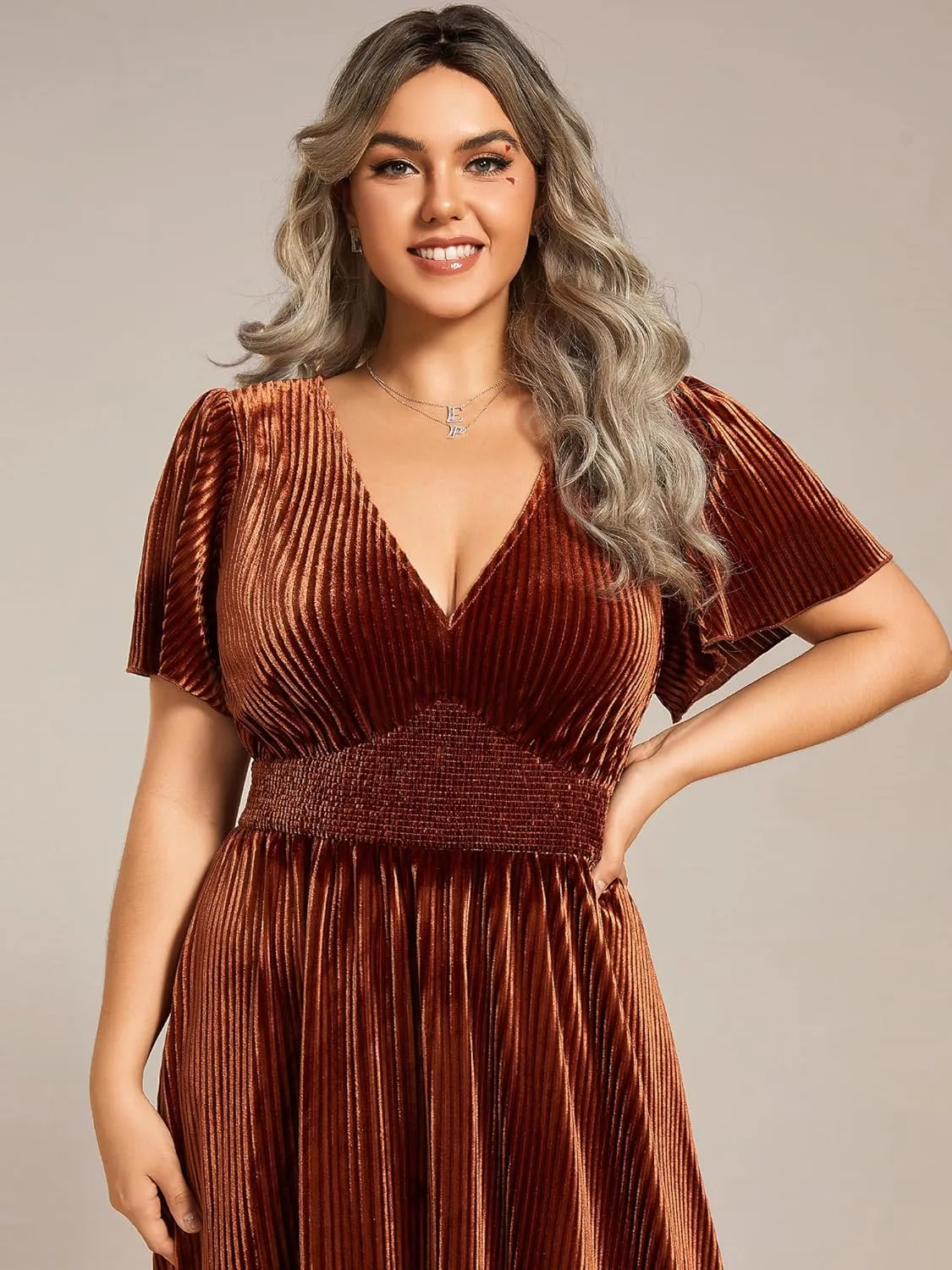 Ever-Pretty Women's Ruched V Neck Ruffed Sleeve Velvet Plus Size Fall Formal Wedding Guest Dress Cocktail Dress 01939-DA