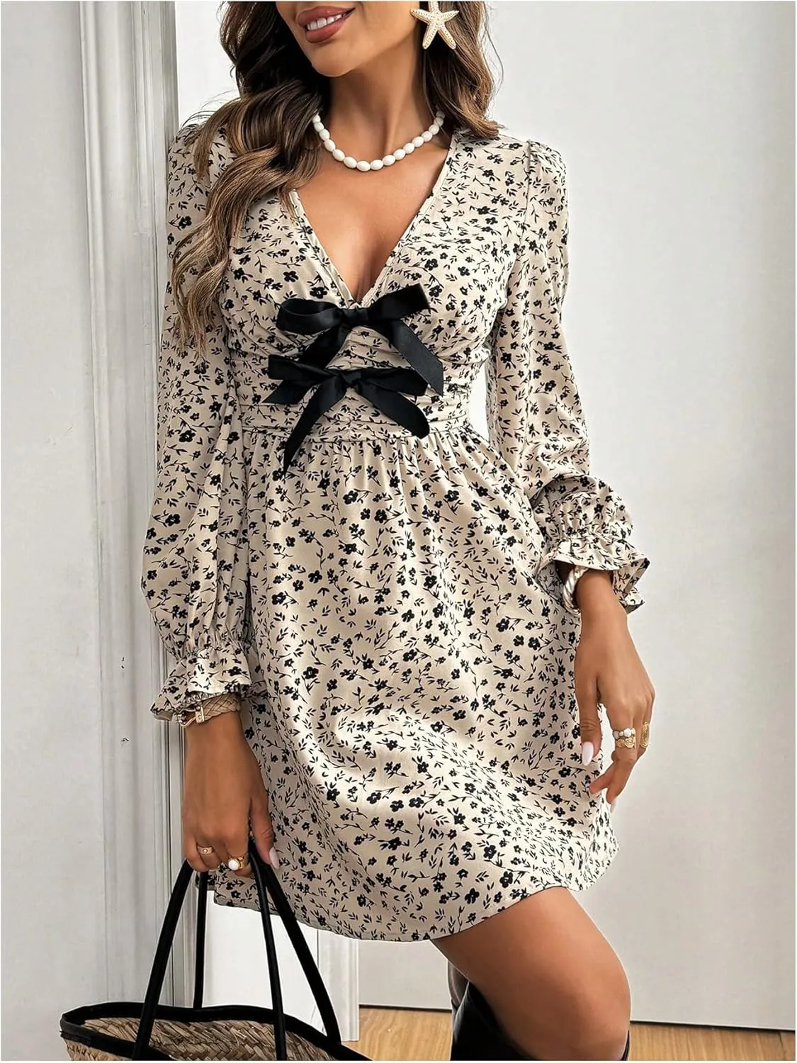 Floerns Women's Disty Floral Print V Neck Bow Dress Long Sleeve A Line Mini Dresses