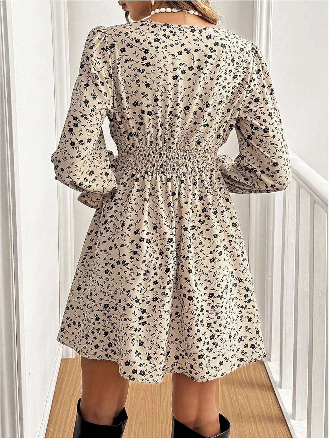 Floerns Women's Disty Floral Print V Neck Bow Dress Long Sleeve A Line Mini Dresses