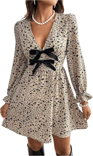Floerns Women's Disty Floral Print V Neck Bow Dress Long Sleeve A Line Mini Dresses
