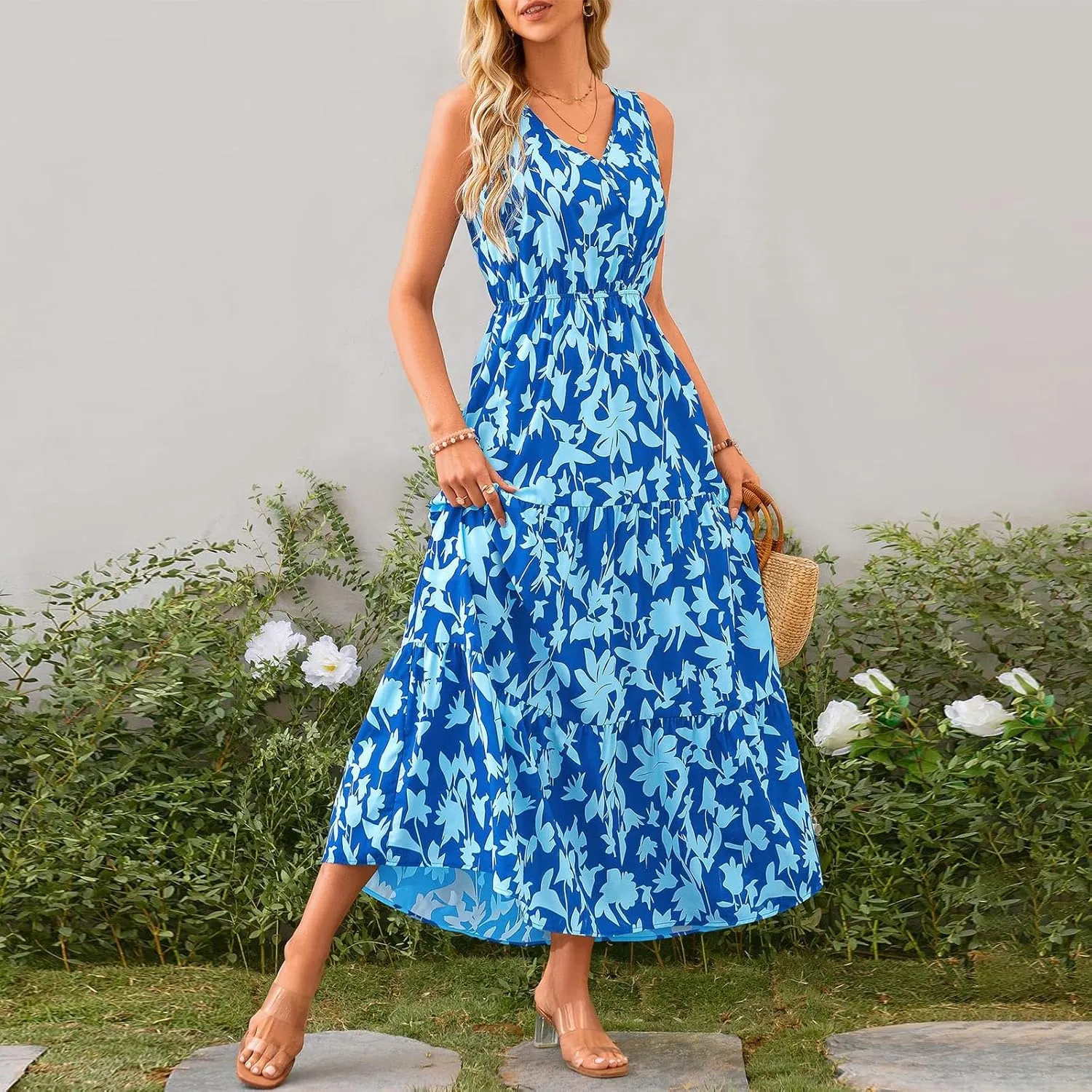 Floral Maxi Dresses for Women 2025 Flowy Sleeveless V Neck Wrap Dress Casual Summer Boho Beach Wedding Guest Dress