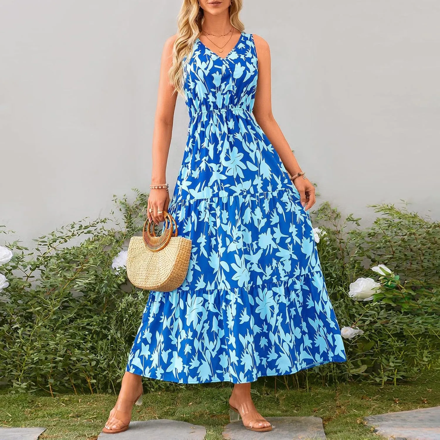 Floral Maxi Dresses for Women 2025 Flowy Sleeveless V Neck Wrap Dress Casual Summer Boho Beach Wedding Guest Dress