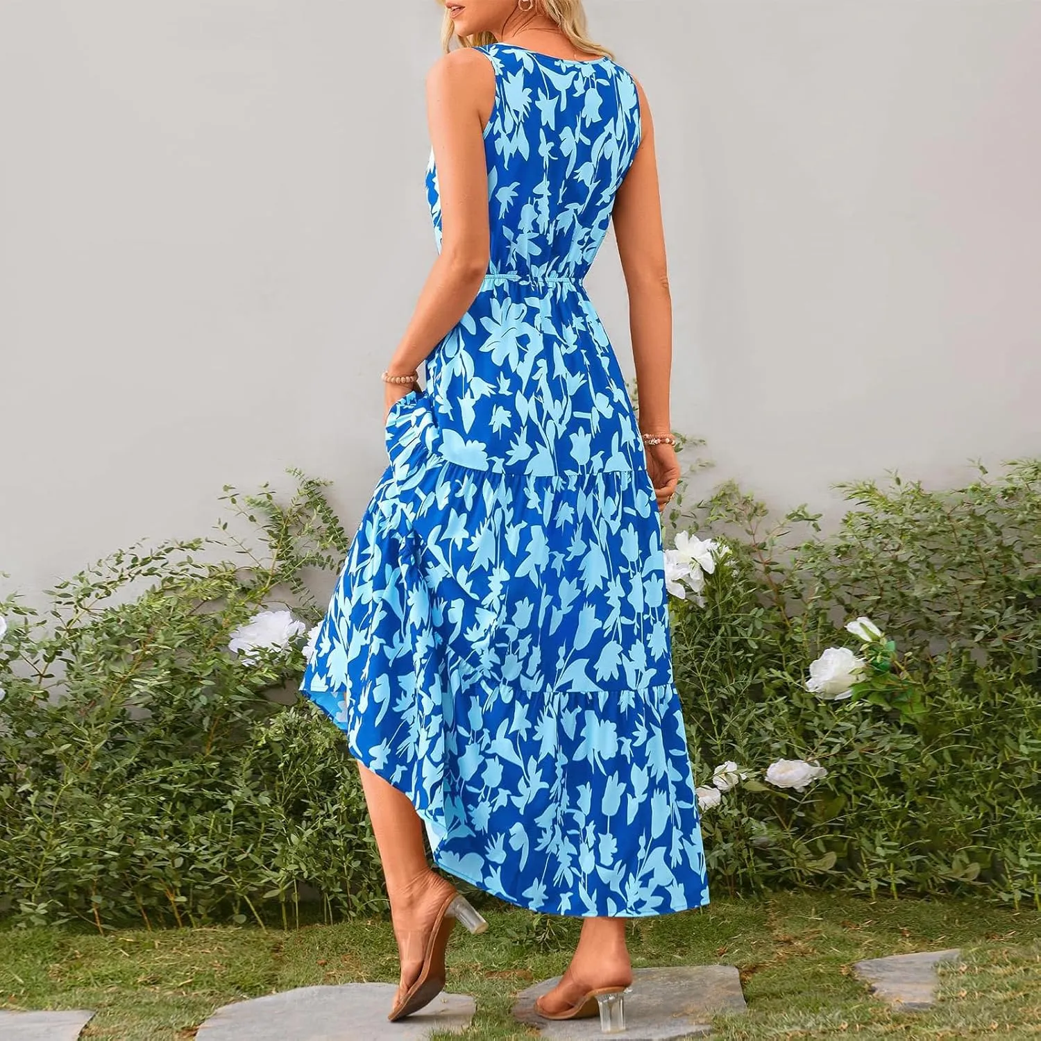 Floral Maxi Dresses for Women 2025 Flowy Sleeveless V Neck Wrap Dress Casual Summer Boho Beach Wedding Guest Dress
