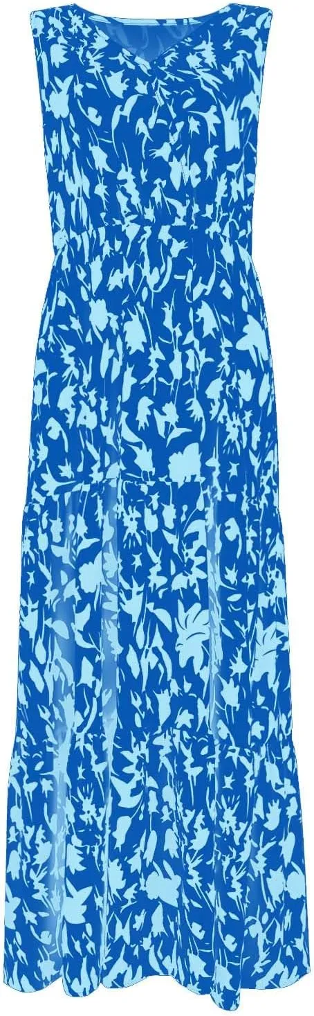 Floral Maxi Dresses for Women 2025 Flowy Sleeveless V Neck Wrap Dress Casual Summer Boho Beach Wedding Guest Dress