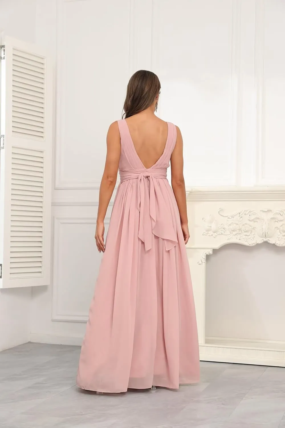 GATMAHE Women's Bridesmaid Dresses Sleeveless Side Slit - V Neck Chiffon Wedding Guest Dress Pleated Ball Gown