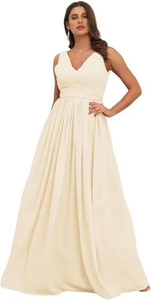 GATMAHE Women's Bridesmaid Dresses Sleeveless Side Slit - V Neck Chiffon Wedding Guest Dress Pleated Ball Gown