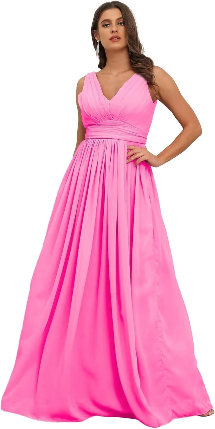 GATMAHE Women's Bridesmaid Dresses Sleeveless Side Slit - V Neck Chiffon Wedding Guest Dress Pleated Ball Gown