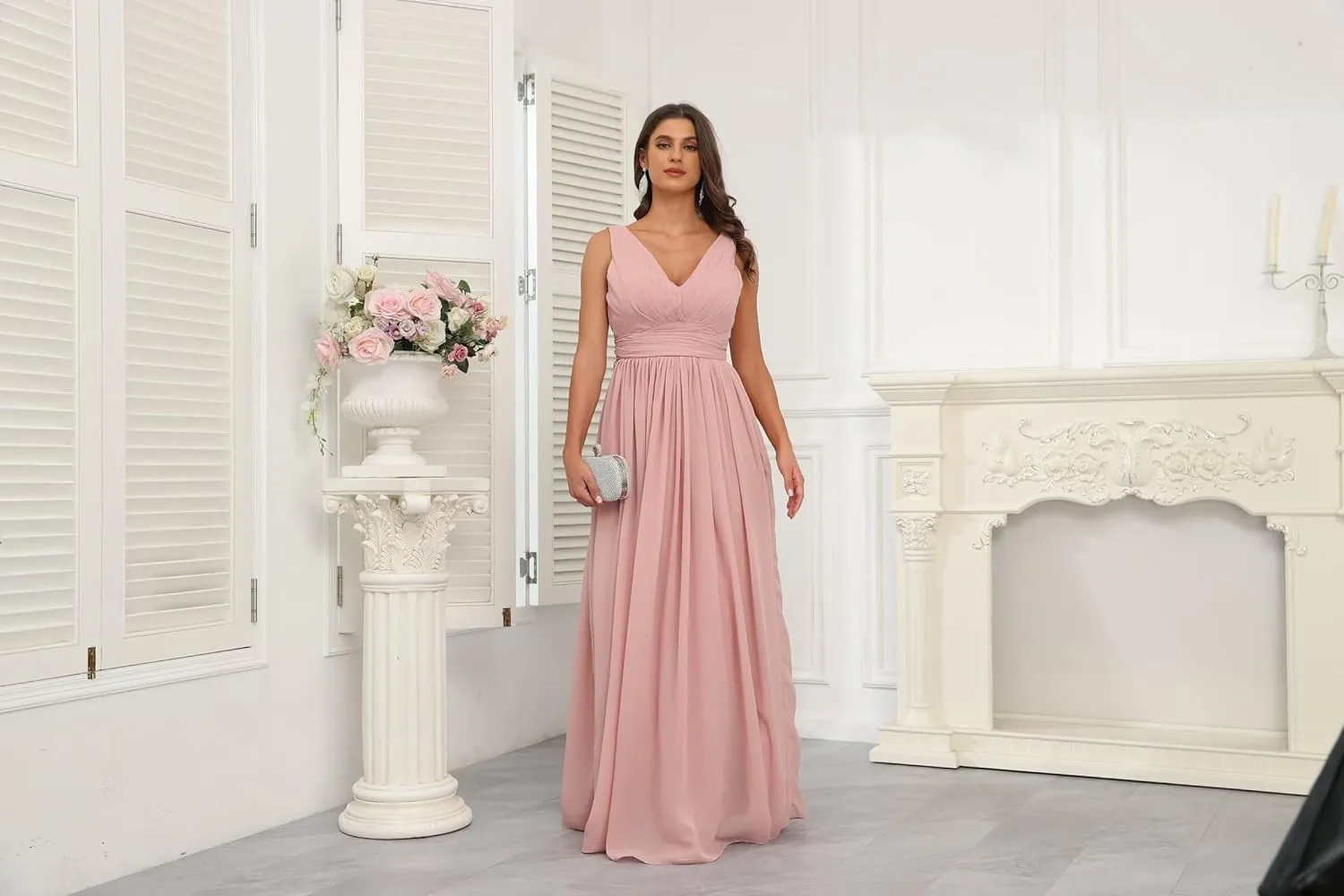 GATMAHE Women's Bridesmaid Dresses Sleeveless Side Slit - V Neck Chiffon Wedding Guest Dress Pleated Ball Gown