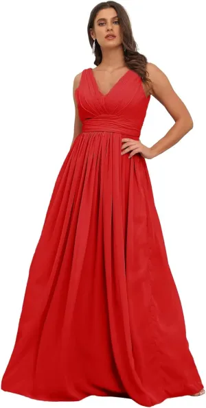 GATMAHE Women's Bridesmaid Dresses Sleeveless Side Slit - V Neck Chiffon Wedding Guest Dress Pleated Ball Gown