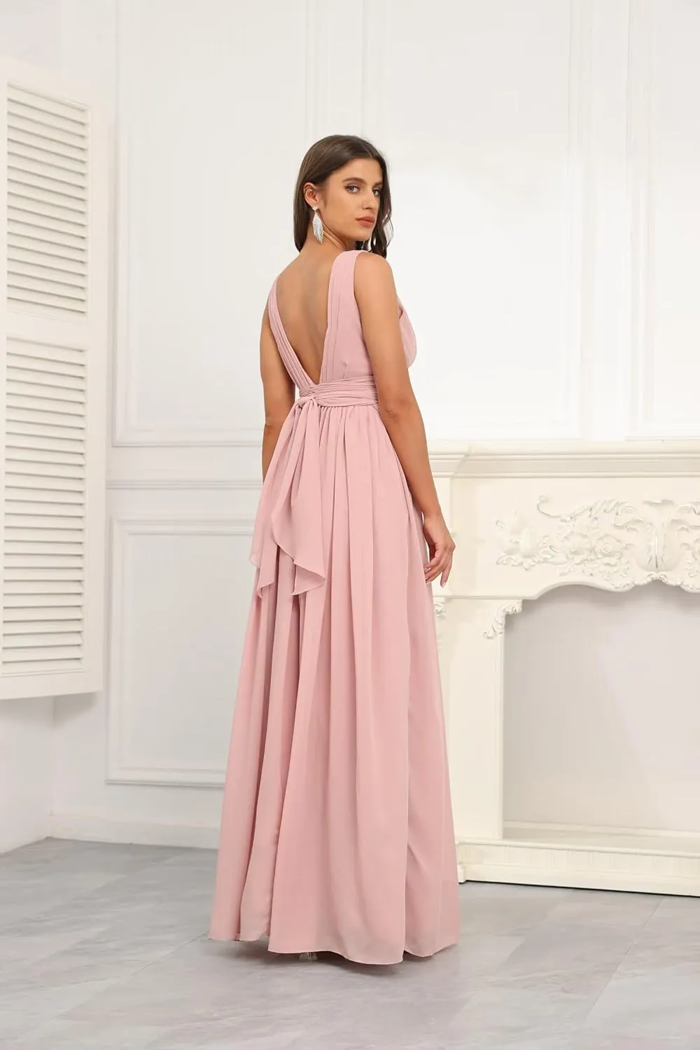 GATMAHE Women's Bridesmaid Dresses Sleeveless Side Slit - V Neck Chiffon Wedding Guest Dress Pleated Ball Gown