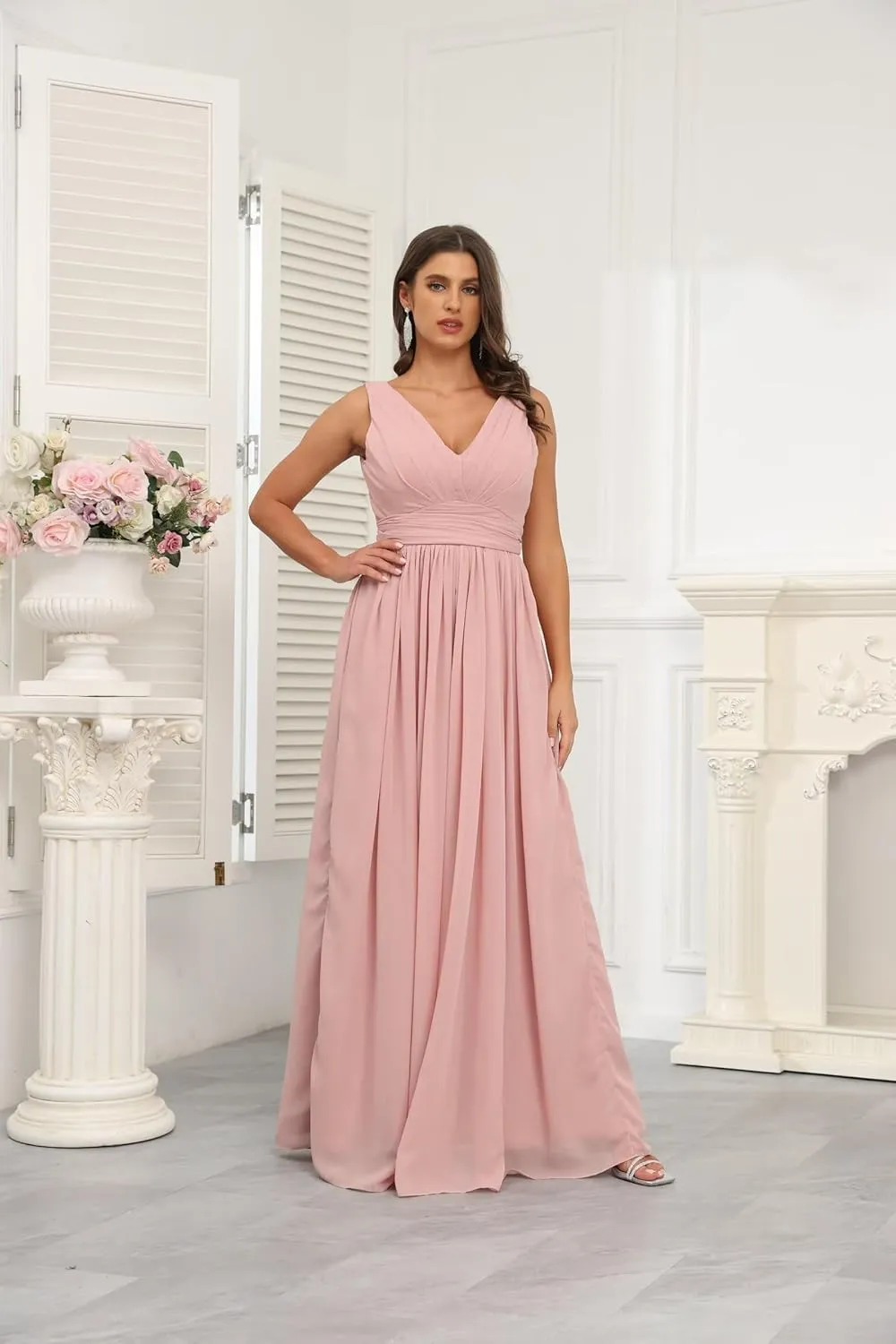 GATMAHE Women's Bridesmaid Dresses Sleeveless Side Slit - V Neck Chiffon Wedding Guest Dress Pleated Ball Gown