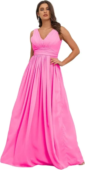 GATMAHE Women's Bridesmaid Dresses Sleeveless Side Slit - V Neck Chiffon Wedding Guest Dress Pleated Ball Gown