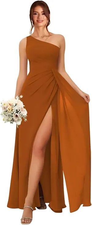 GATMAHE Women's One Shoulder Chiffon Pleated Bridesmaid Dresses Ruched High Slit Formal Dresses A-Line Wedding Guest Gowns