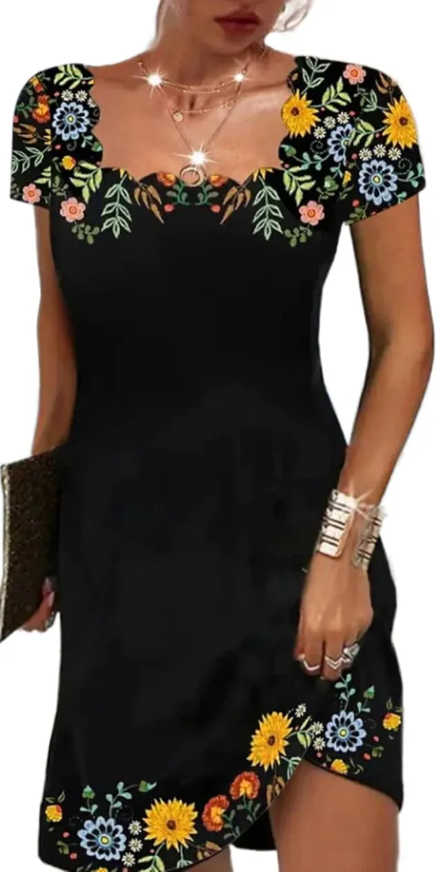 Geleglaer Summer Casual Short Sleeves Mexican Dress for Women V-Neck Dresses Boho Ethnic Printed Midi Dresses Plus Size S-3XL