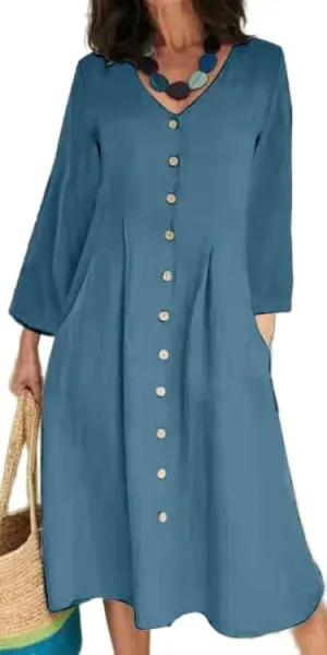 Geleglaer Women Casual V Neck Button Down Dress Cotton Linen Short Sleeve Knee Midi Length Loose Summer Dress Plus Size S-5XL