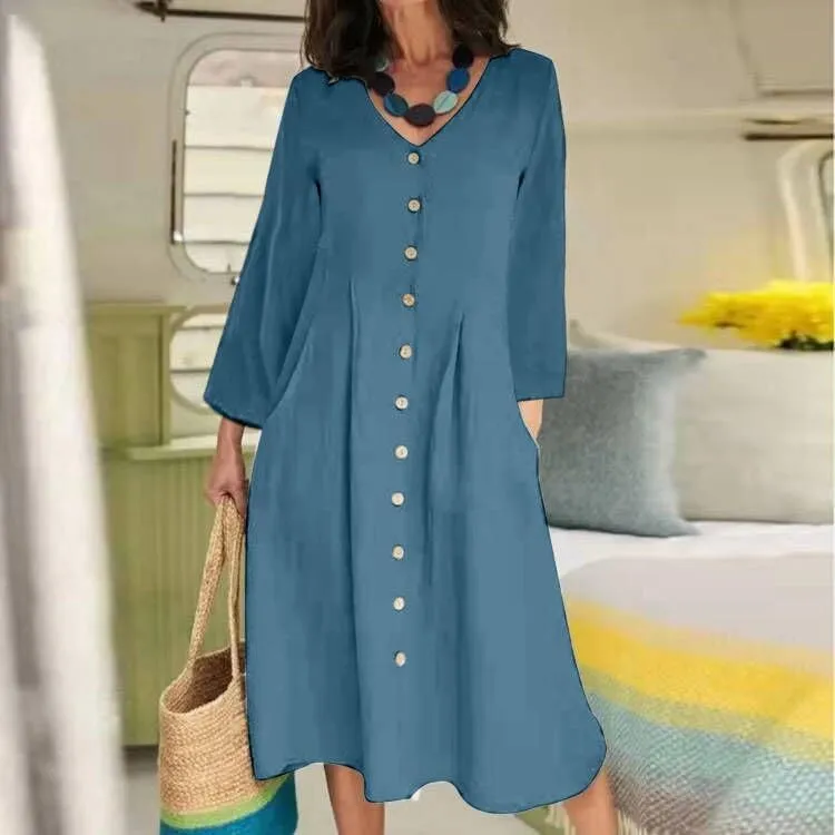 Geleglaer Women Casual V Neck Button Down Dress Cotton Linen Short Sleeve Knee Midi Length Loose Summer Dress Plus Size S-5XL