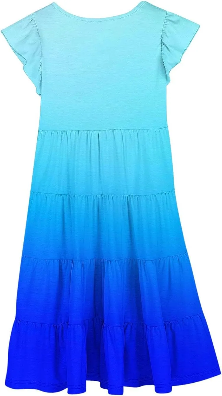 Girls Summer Dresses Double Layer Flutter Sleeve Flowy A-Line Sundress Casual Gradient Midi Dresses for 6-15 Years