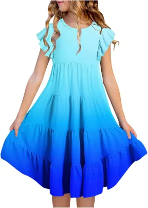 Girls Summer Dresses Double Layer Flutter Sleeve Flowy A-Line Sundress Casual Gradient Midi Dresses for 6-15 Years