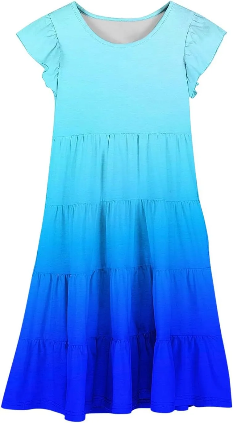 Girls Summer Dresses Double Layer Flutter Sleeve Flowy A-Line Sundress Casual Gradient Midi Dresses for 6-15 Years