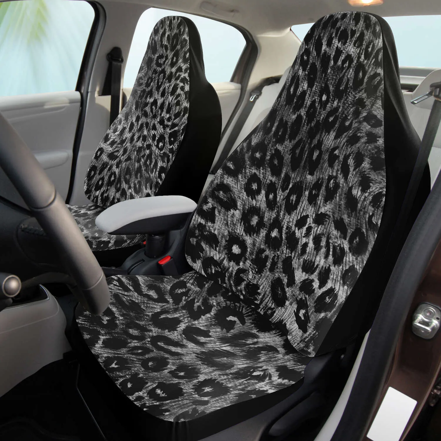 Gray Leopard Car Seat Cover, (2 pcs) Leopard Animal Print Designer Washable Car Seat Protectors