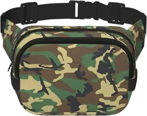 Green Military Camo Square Double Layer Waist Bag Belt - Fanny Pack Purse with Adjustable Strap for Running, Travel, Hiking
