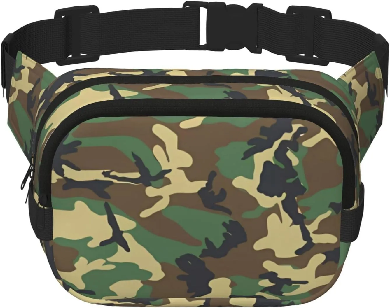 Green Military Camo Square Double Layer Waist Bag Belt - Fanny Pack Purse with Adjustable Strap for Running, Travel, Hiking